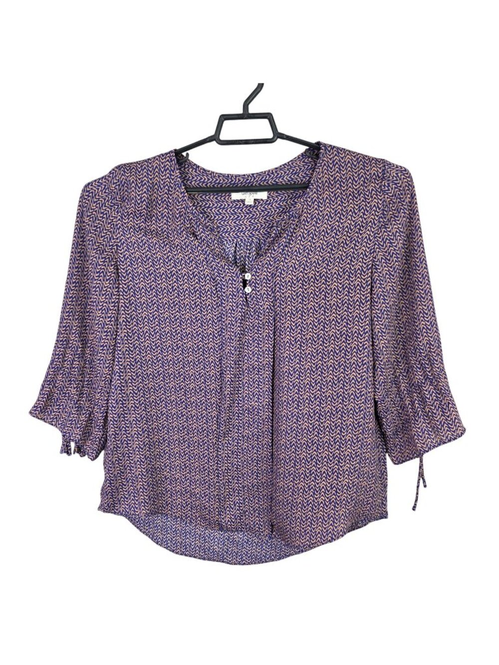 Womens Umgee Blue & Tan Geometric Pattern Blouse 3/4 Sleeve V Neck Button Size M